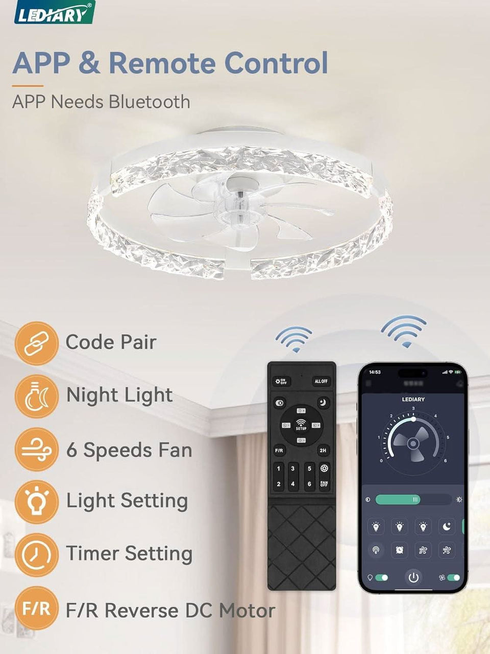 20 Inch White Low Profile Ceiling Fan With Dimmable LED Light Remote Control Flush Mount