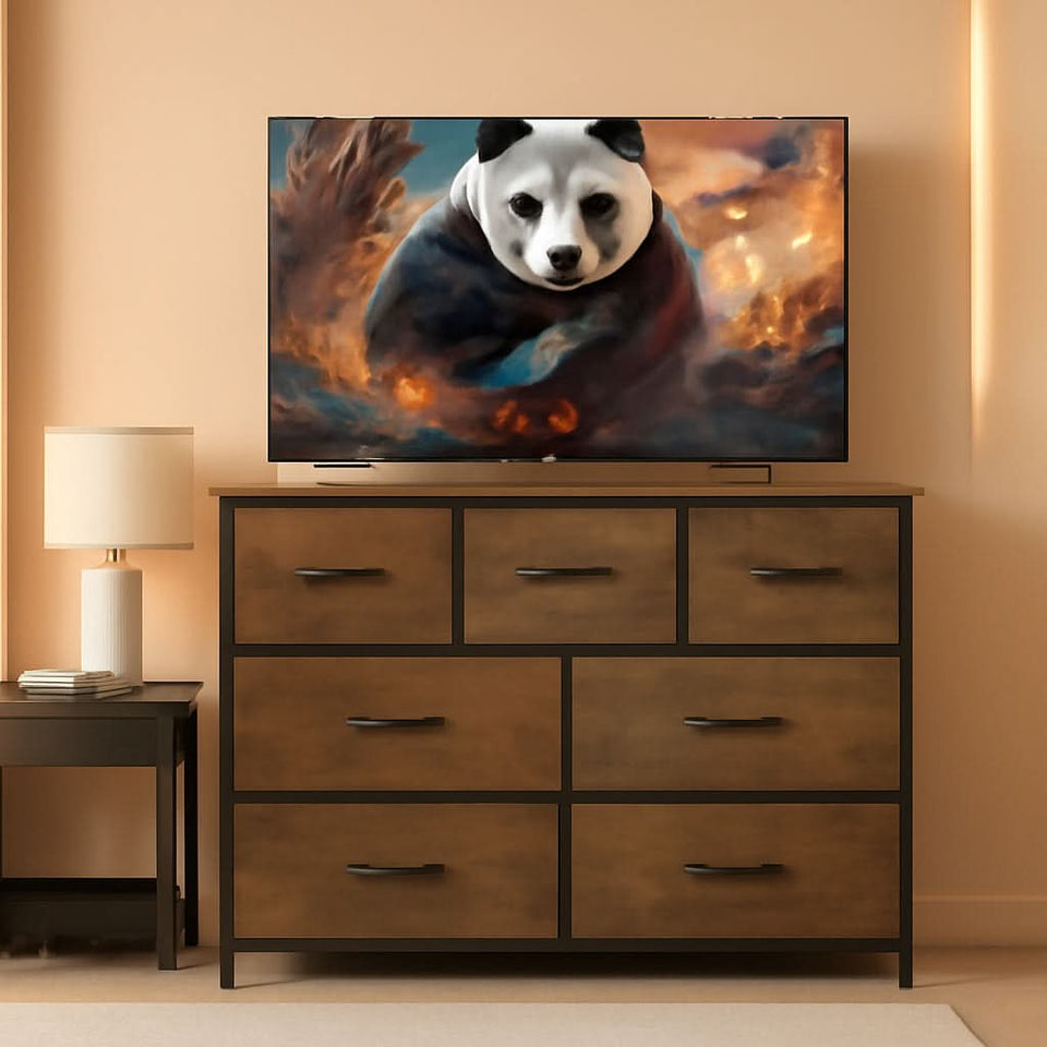 Rustic Fabric Dresser TV Stand With Wood Top And Metal Frame