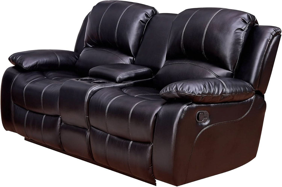 2Piece Bonded Leather Recliner Sofa And Loveseat Set Black 8018 With Pocket Coil Cushions