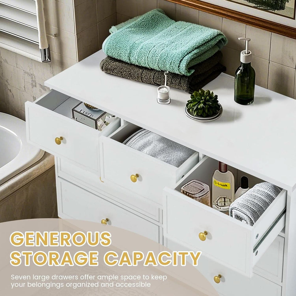 White 47 Inch 7 Drawer Dresser With Deep Drawers Storage