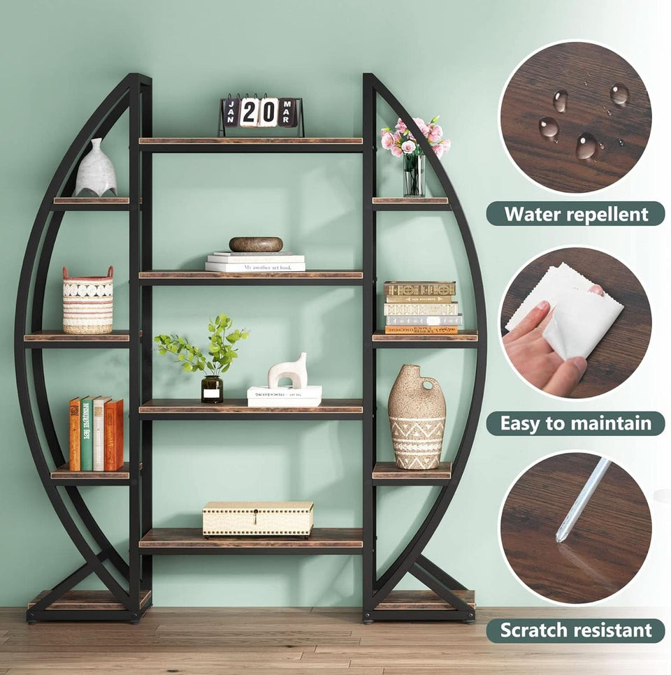 Oval 55 Inch Brown Industrial Display Etagere Bookcase