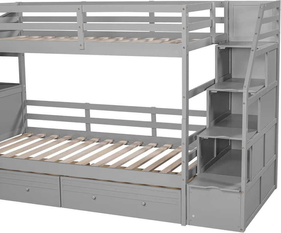 Twin Over Twin Bunk Bed Gray With Stairs For Kids Teens
