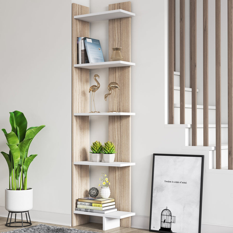 Alice 67” Corner Bookcase – 5-Tier Narrow L-Shaped Wall-Mounted Corner Bookshelf