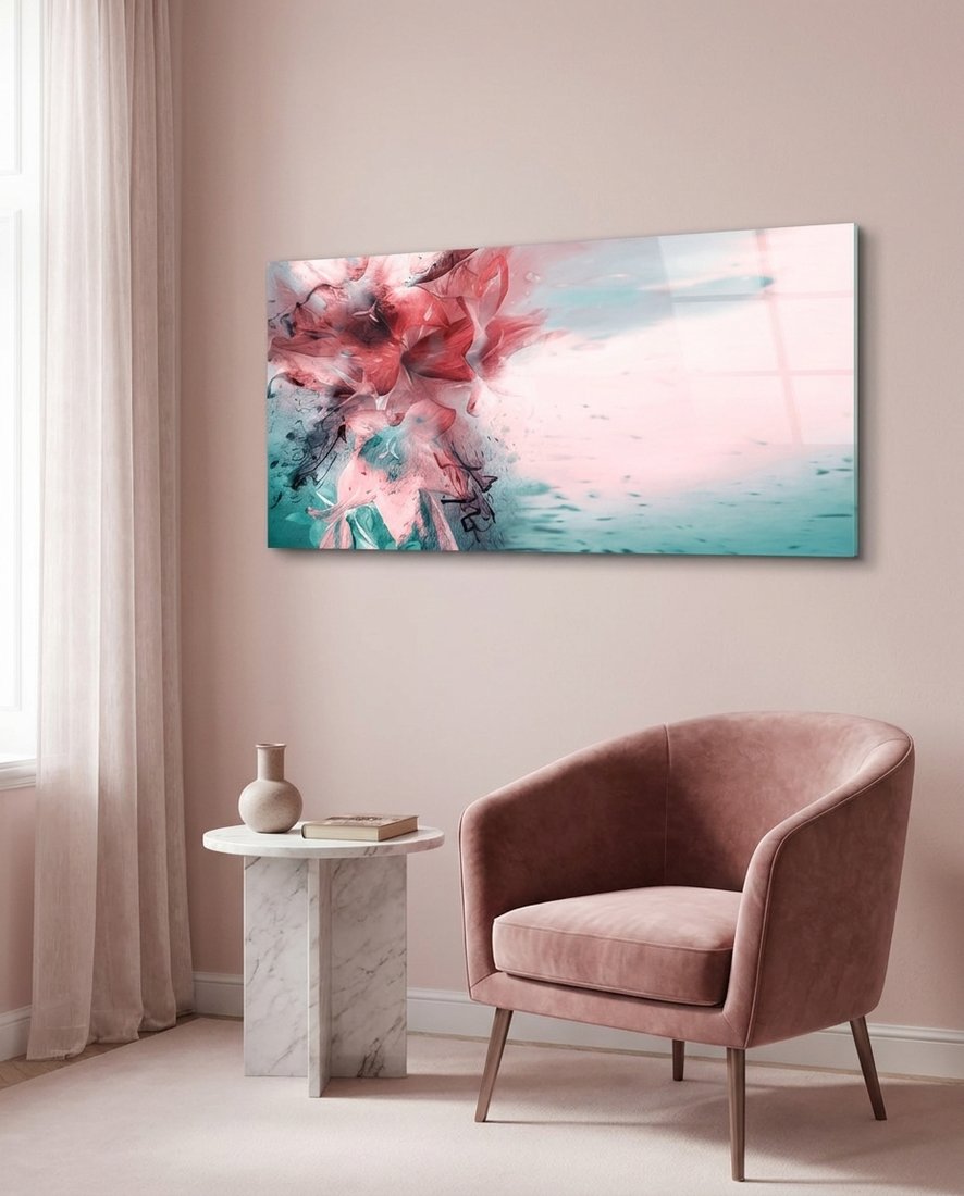 Coral And Teal Ink Burst Abstract Glass Wall Art