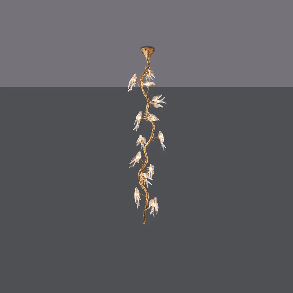 Bird Glass Tree Branch Long Staircase Chandelier