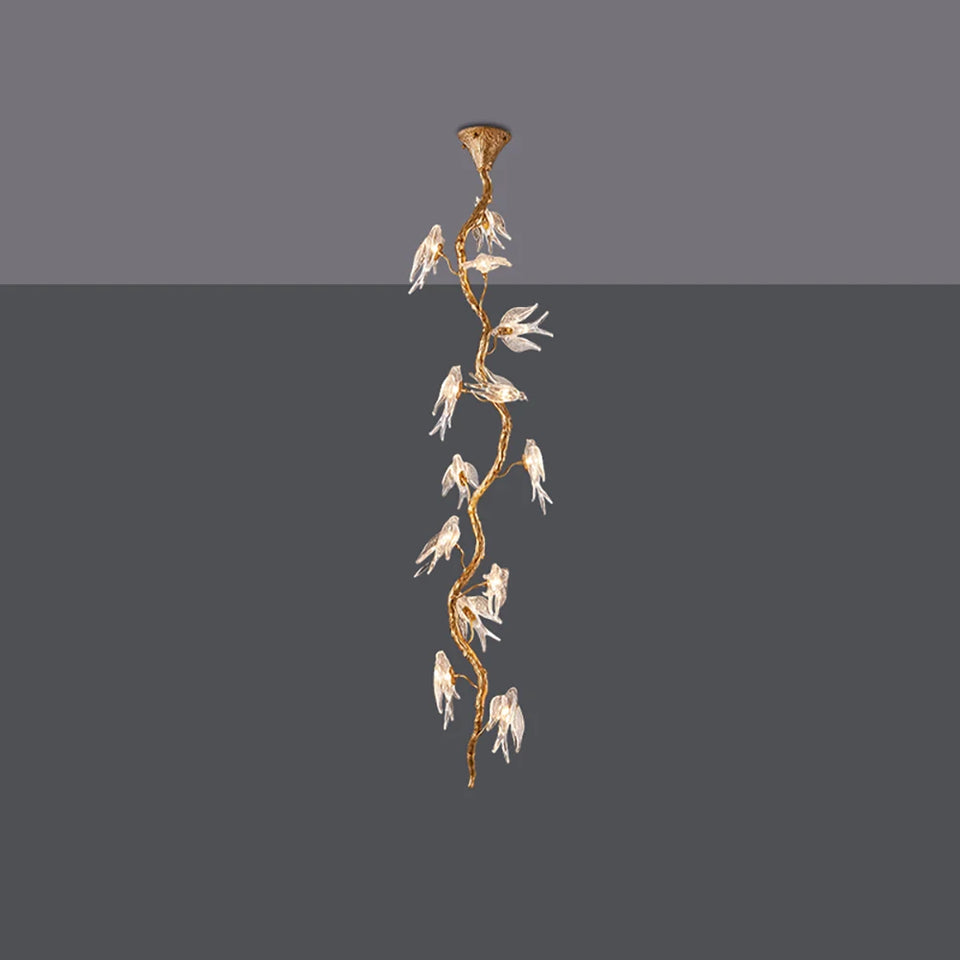Bird Glass Tree Branch Long Staircase Chandelier