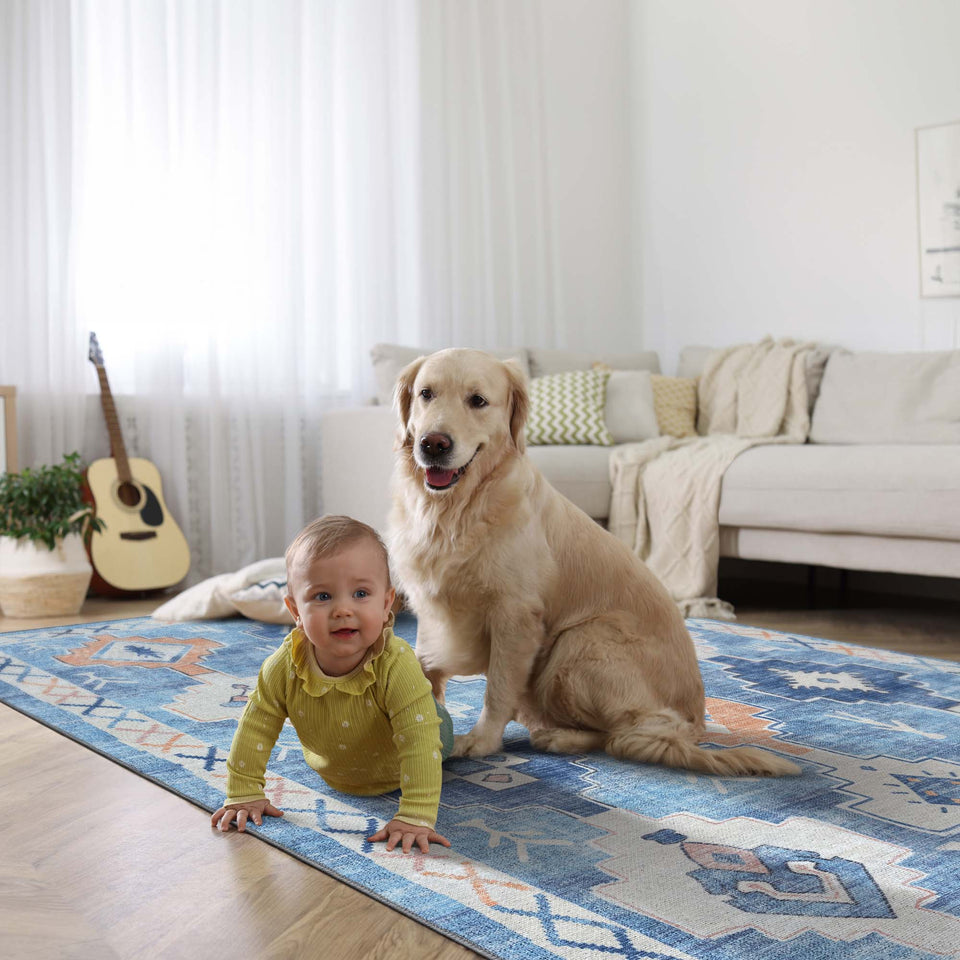Blue Boho Oushak Washable Rug