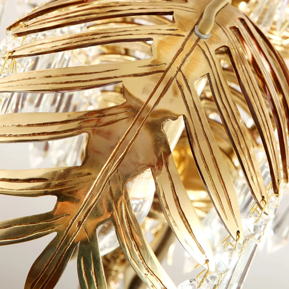 Brass Palm Leaf Crystal Chandelier