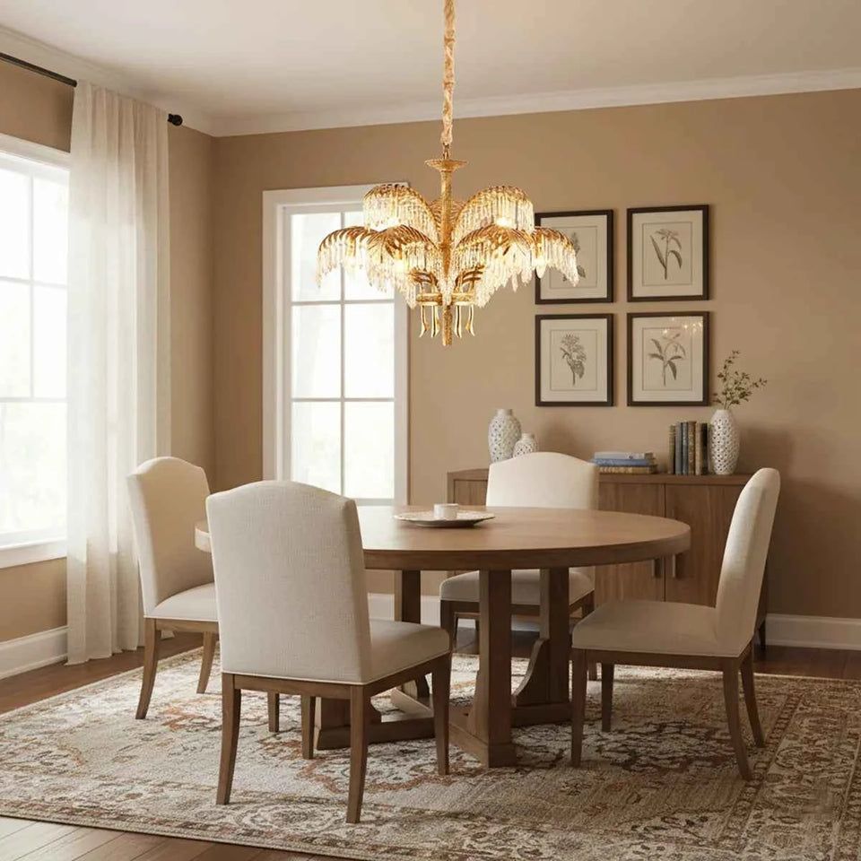 Brass Palm Leaf Crystal Chandelier