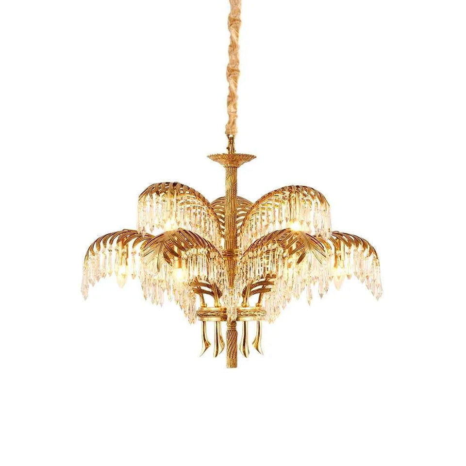 Brass Palm Leaf Crystal Chandelier