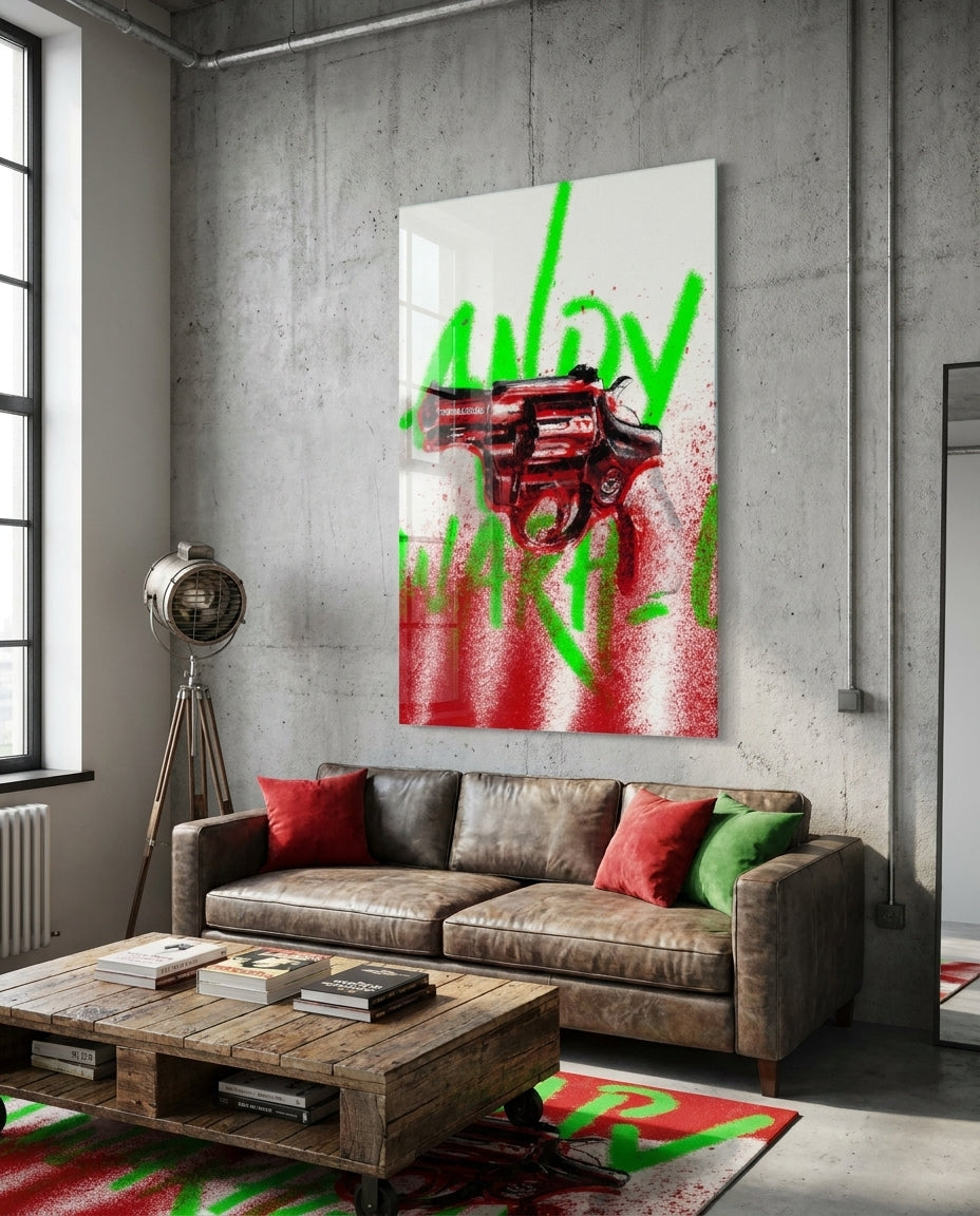 Pop Art Portrait with Gun Glass Wall Art || Designer Collection