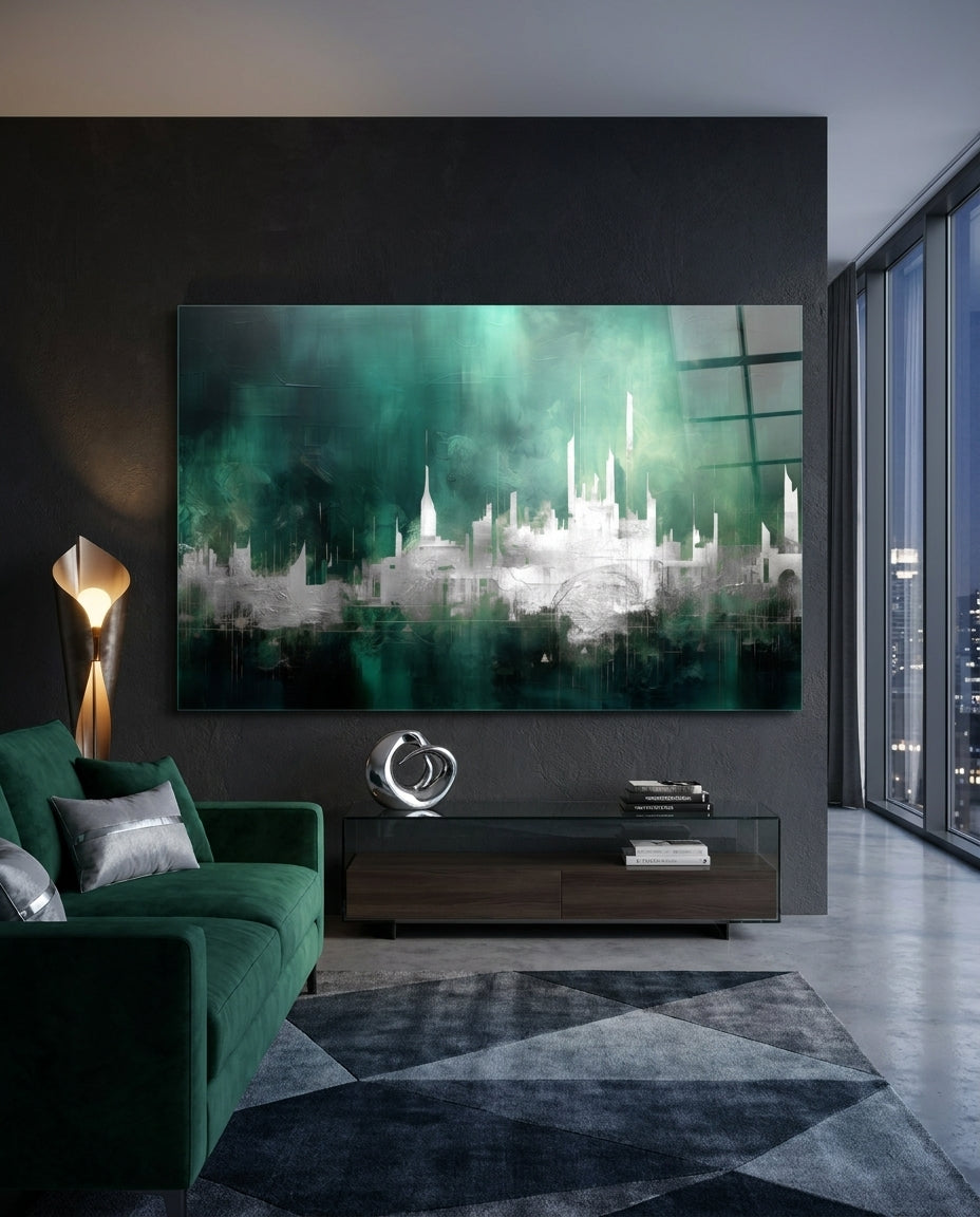 Emerald Mist Abstract Skyline Glass Wall Art