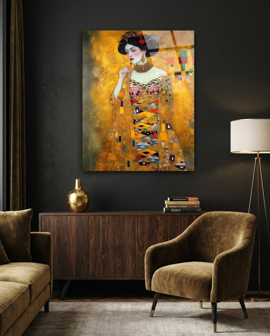 Klimt Style Golden Robe Lady Glass Wall Art