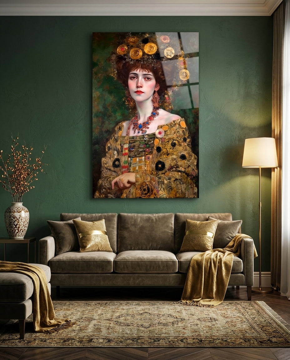 Klimt Style Floral Crown Portrait Glass Wall Art