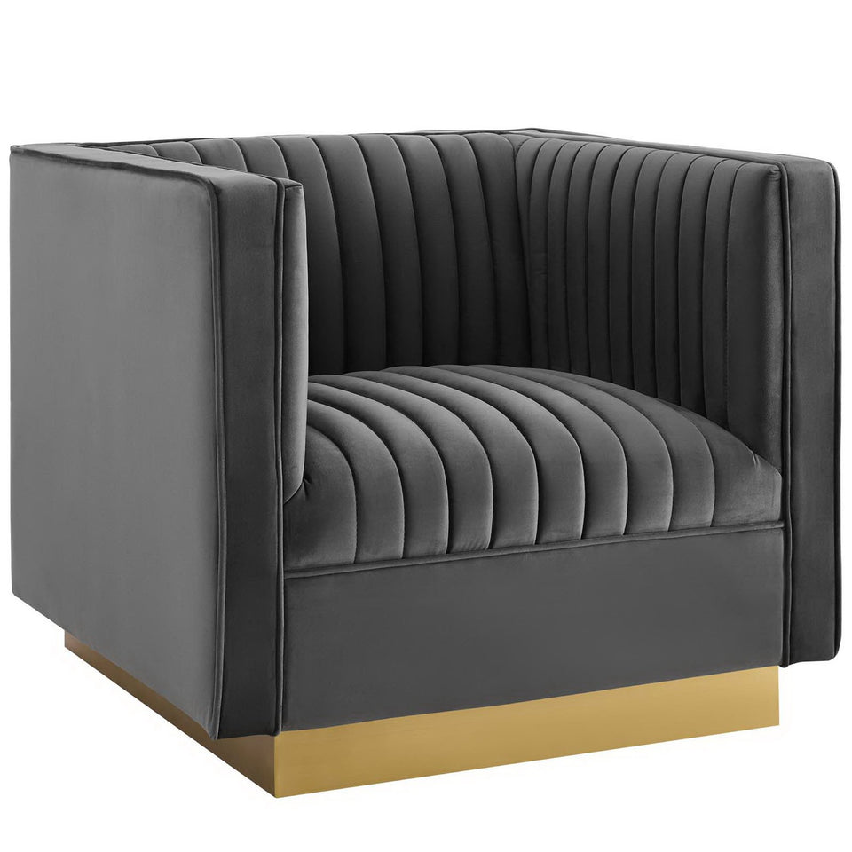 Sanguine Vertical Channel Tufted Upholstered Performance Velvet Sofa and Armchair Set by Modway