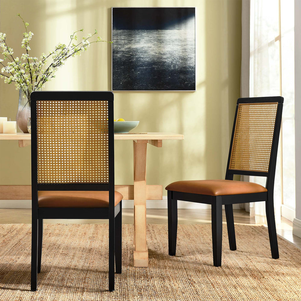 Arlo Vegan Leather Upholstered Faux Rattan and Wood Dining Side Chairs Set of 2 by Modway