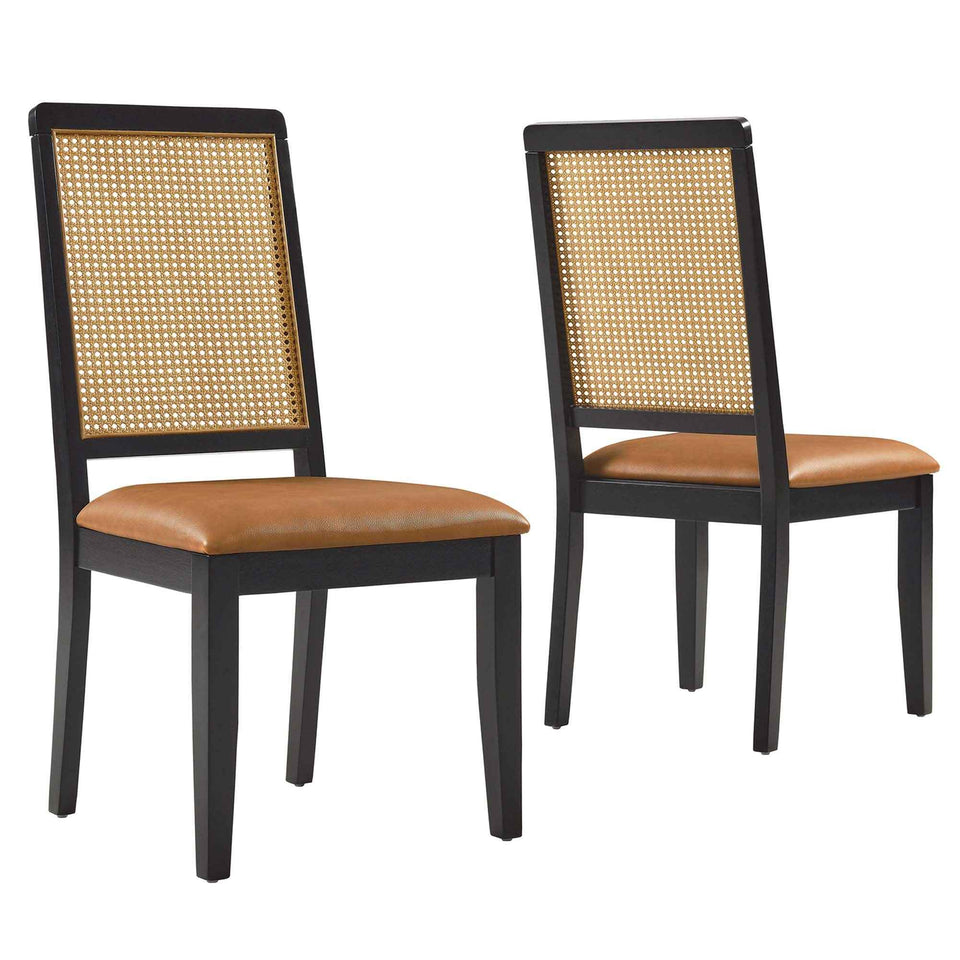 Arlo Vegan Leather Upholstered Faux Rattan and Wood Dining Side Chairs Set of 2 by Modway