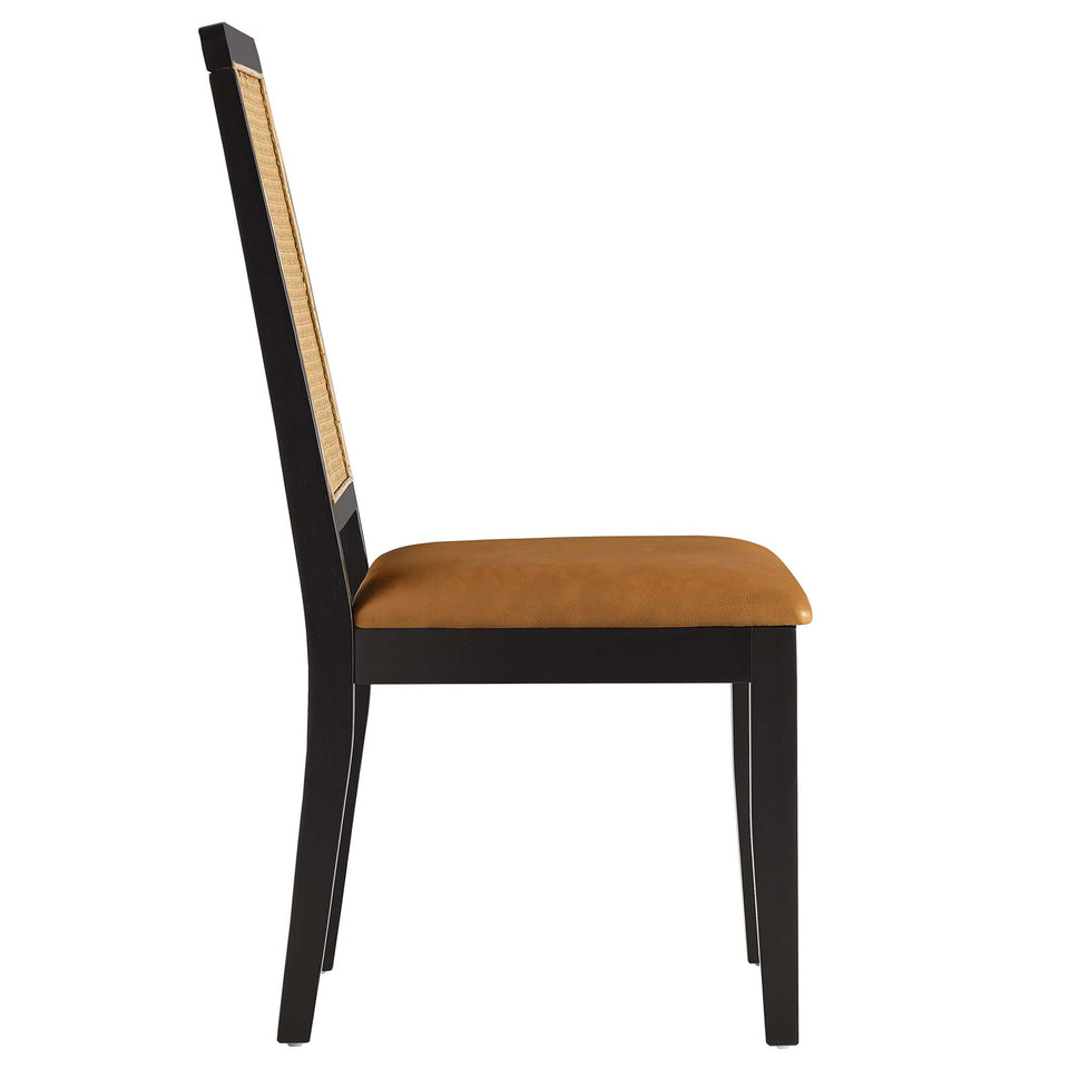 Arlo Vegan Leather Upholstered Faux Rattan and Wood Dining Side Chairs Set of 2 by Modway