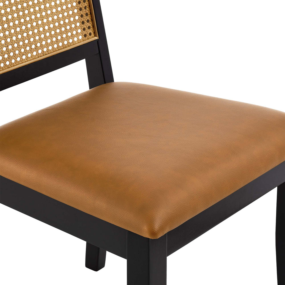Arlo Vegan Leather Upholstered Faux Rattan and Wood Dining Side Chairs Set of 2 by Modway