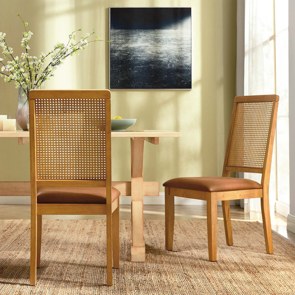 Arlo Vegan Leather Upholstered Faux Rattan and Wood Dining Side Chairs Set of 2 by Modway