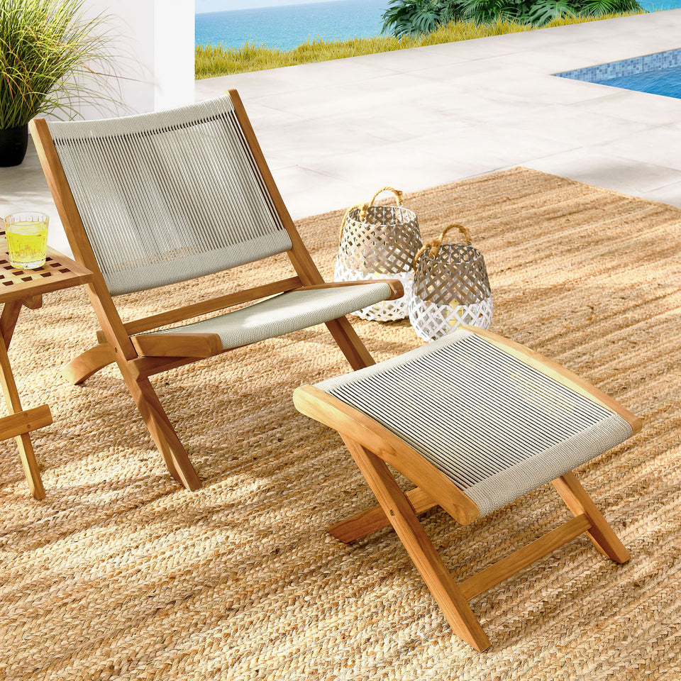 Vienna 2-Piece Outdoor Patio Teak and Rope Folding Accent Lounge Chair and Ottoman Set by Modway
