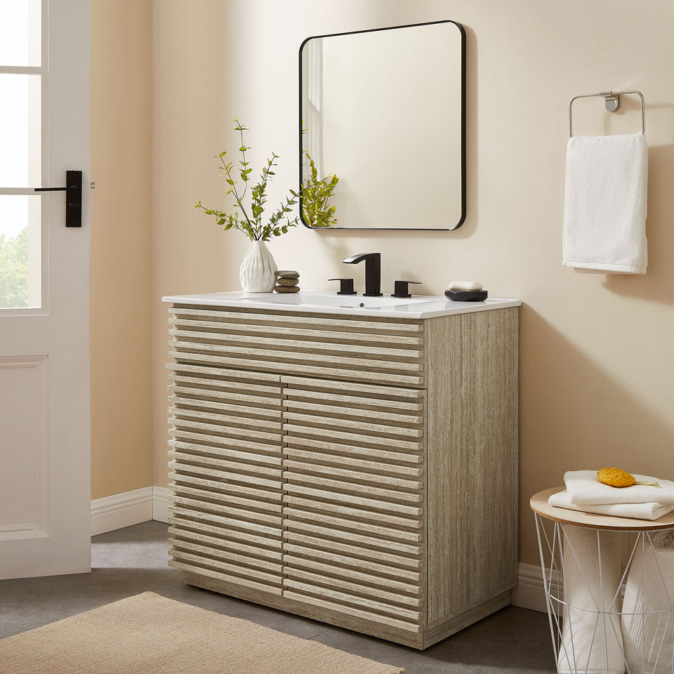 Render 36" Faux Travertine Bathroom Vanity Cabinet (Sink Not Included) by Modway