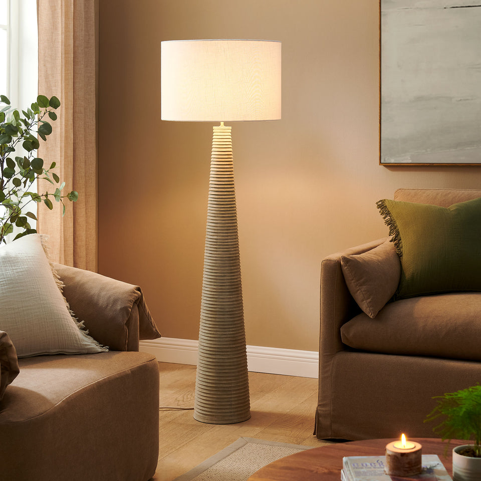 Saylor Carved Ribbed Wood Floor Lamp With Drum Shade by Modway