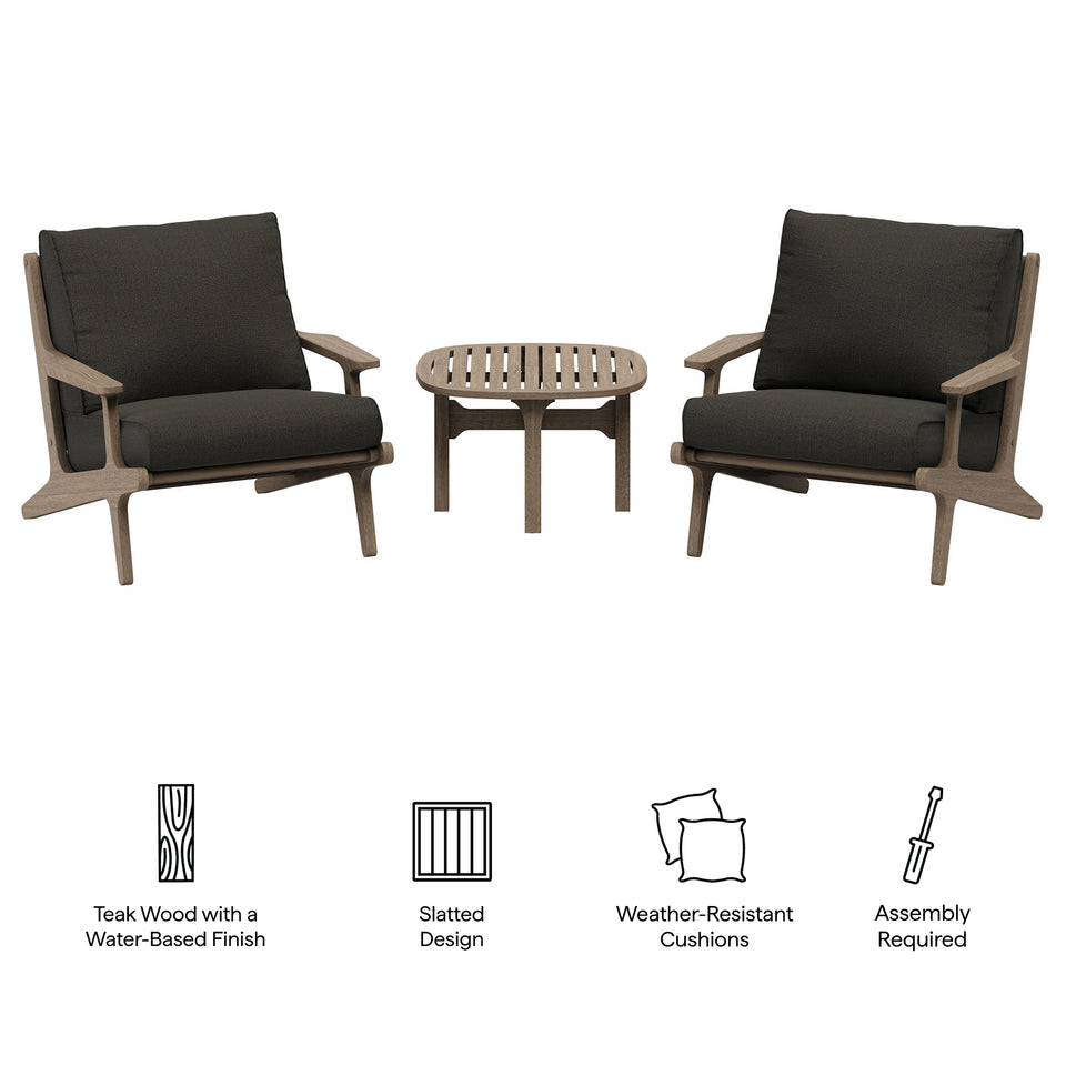 Saratoga 3-Piece Outdoor Patio Teak Wood Furniture Set with Lounge Chairs and Side Table by Modway