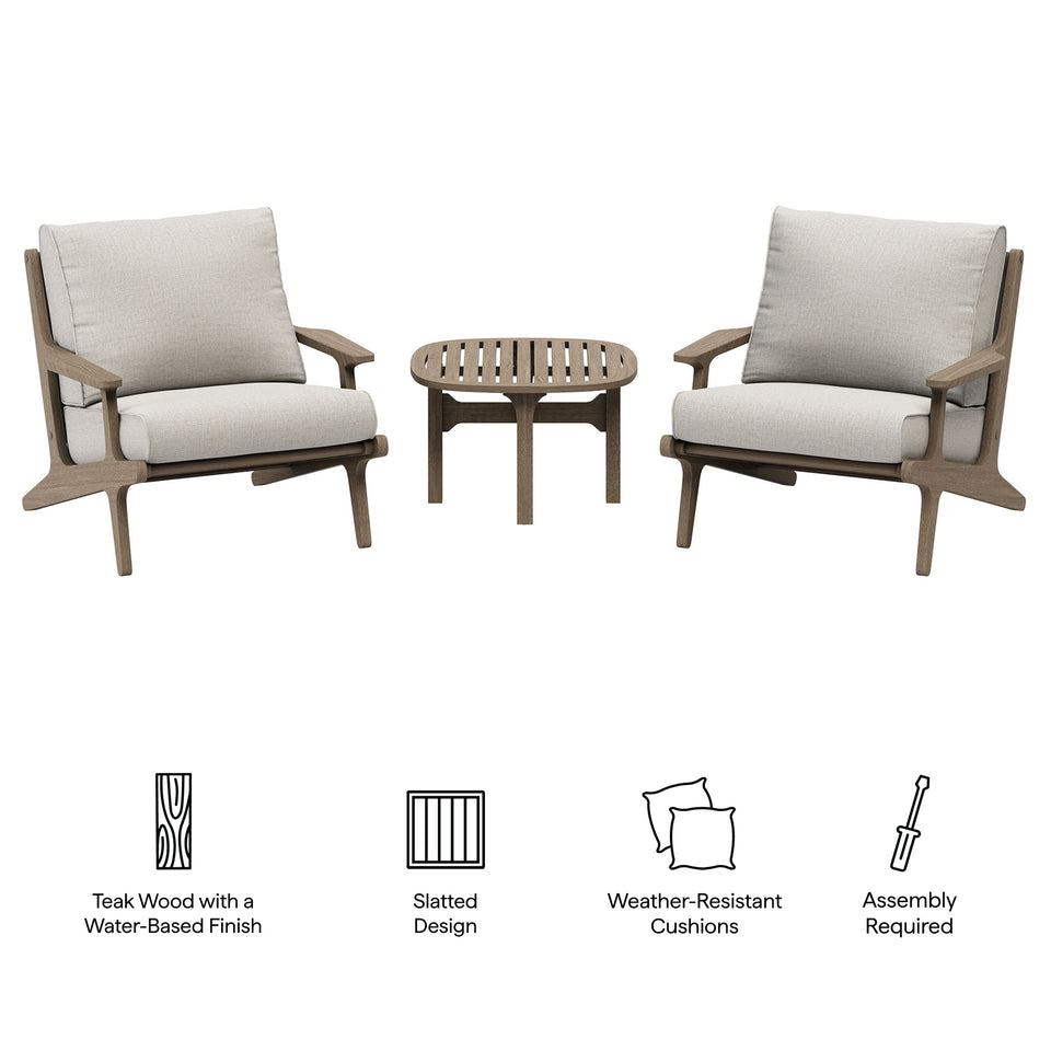 Saratoga 3-Piece Outdoor Patio Teak Wood Furniture Set with Lounge Chairs and Side Table by Modway