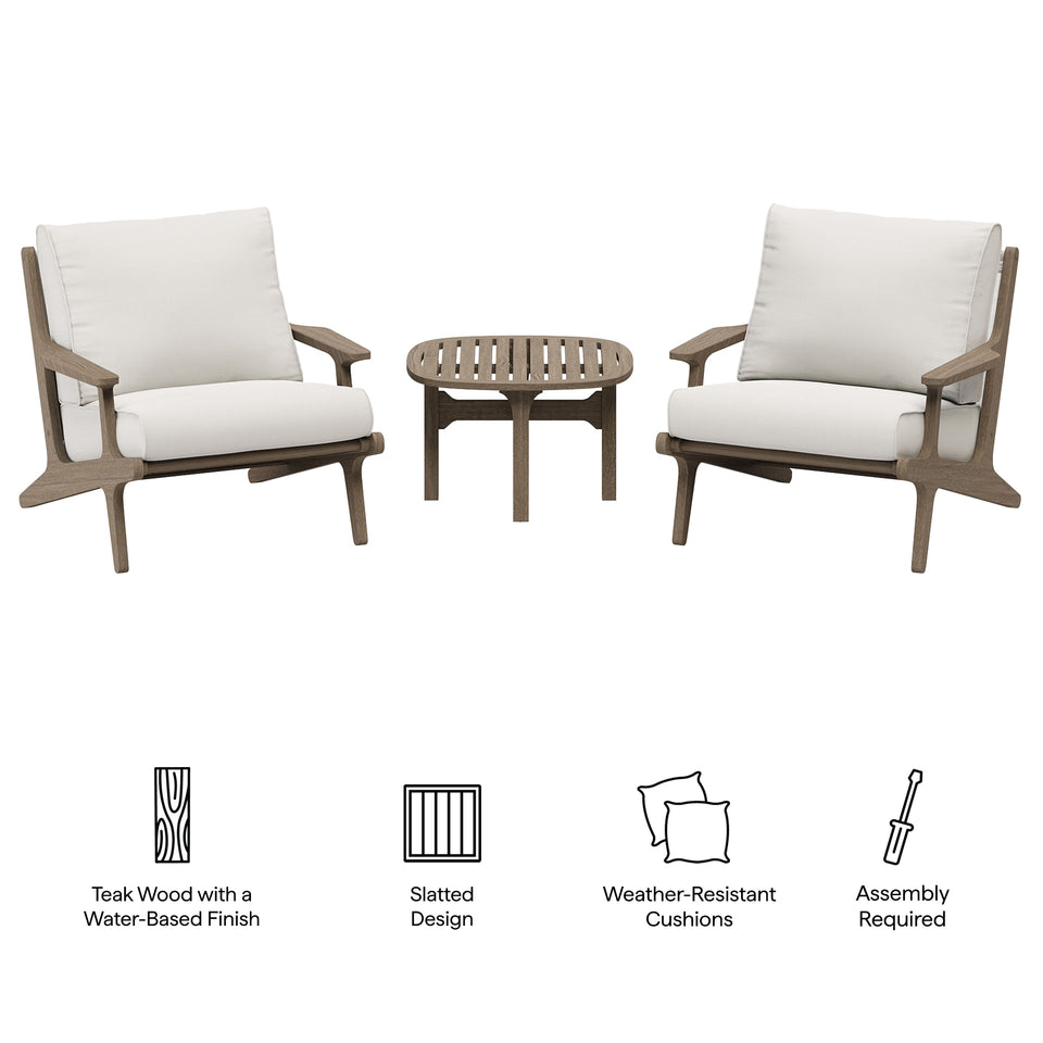 Saratoga 3-Piece Outdoor Patio Teak Wood Furniture Set with Lounge Chairs and Side Table by Modway
