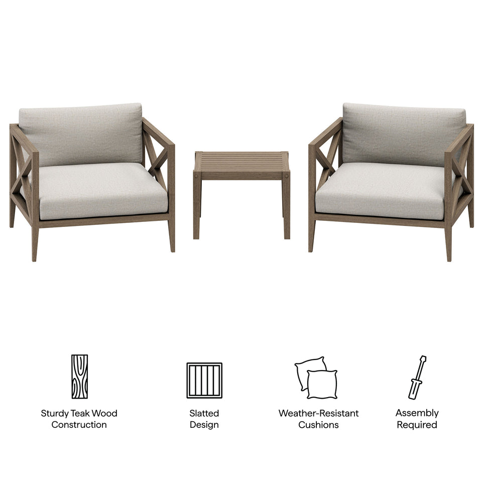 Northlake 3-Piece Outdoor Patio Teak Wood Furniture Set with Armchair and Side Table by Modway