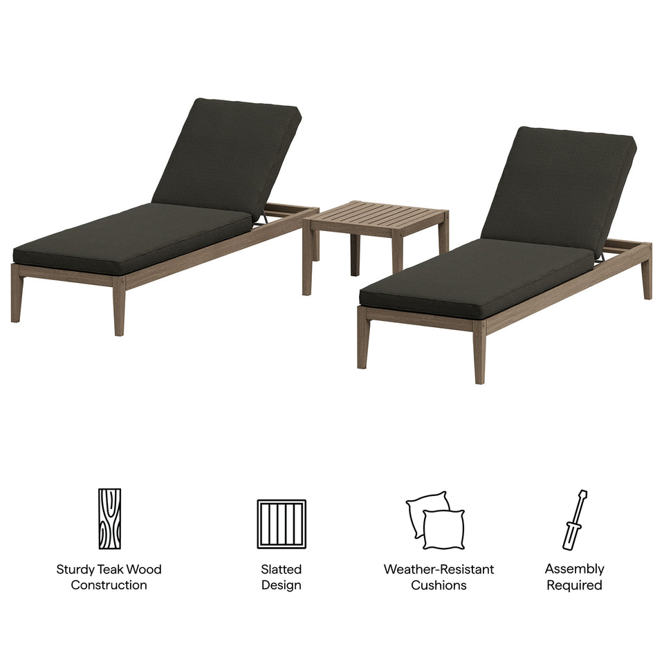 Northlake 3-Piece Outdoor Patio Teak Wood Furniture Set with Chaise Lounges and Side Table by Modway