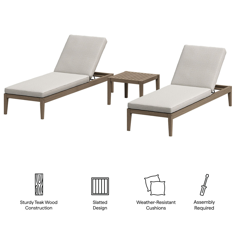Northlake 3-Piece Outdoor Patio Teak Wood Furniture Set with Chaise Lounges and Side Table by Modway