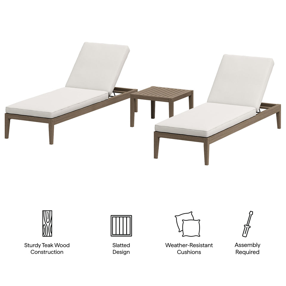 Northlake 3-Piece Outdoor Patio Teak Wood Furniture Set with Chaise Lounges and Side Table by Modway