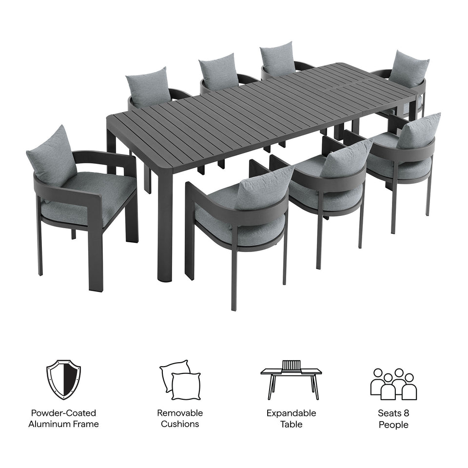 Tahoe 9-Piece Outdoor Patio Aluminum Dining Set With Extendable Table by Modway