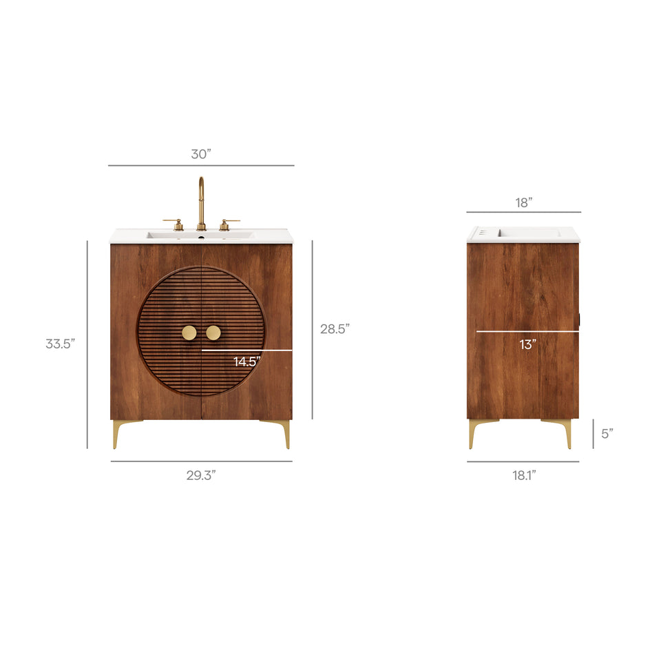 Vernon 30" Fluted Wood Vanity Cabinet With Sink by Modway