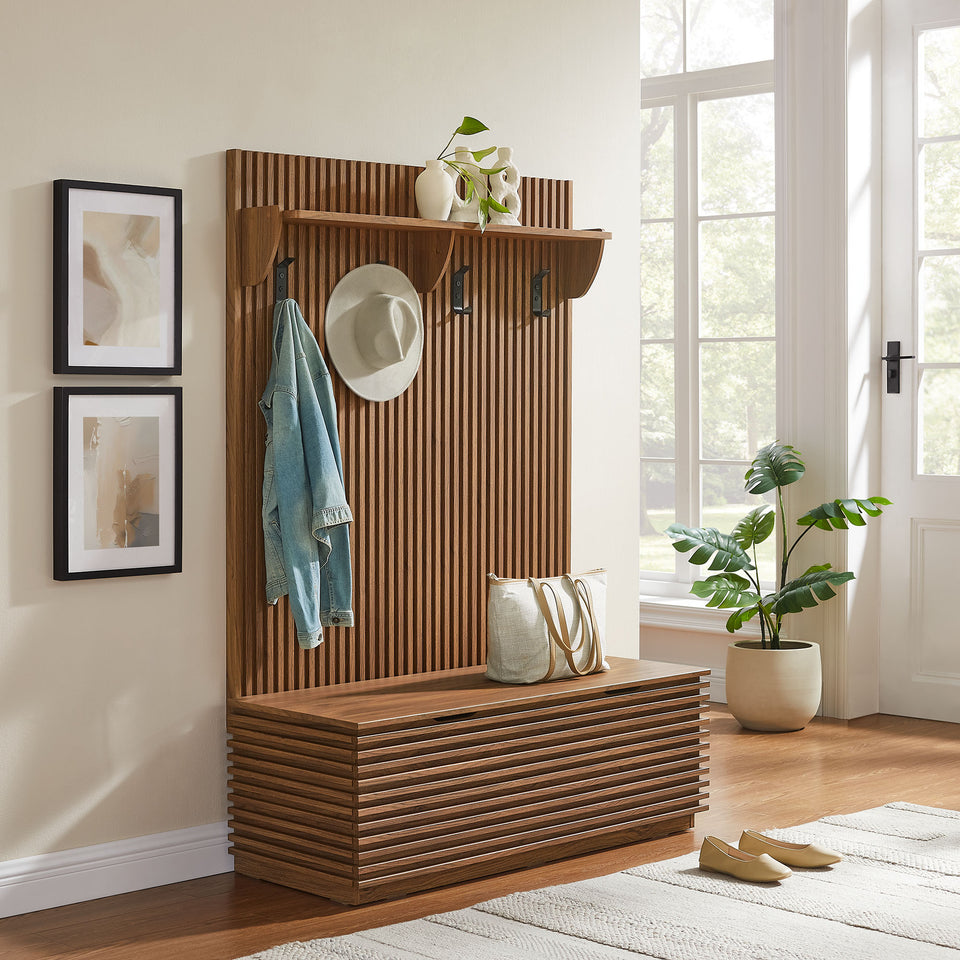 Render Fluted 3-in-1 Hall Tree With Storage Bench and Coat Rack by Modway