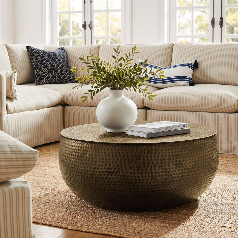 Tobin 35 Inch Hammered Metal Round Drum Coffee Table by Modway