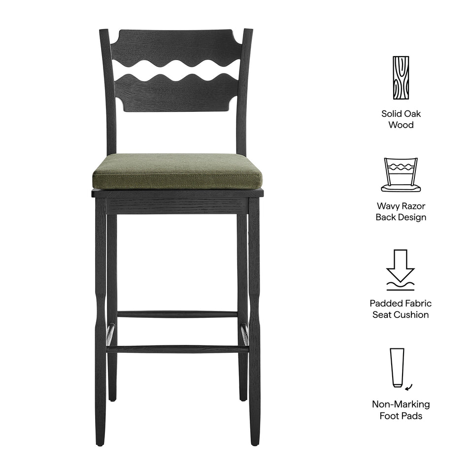 Jax Oak Wood Bar Stool With Wavy Razor Back and Cushion by Modway