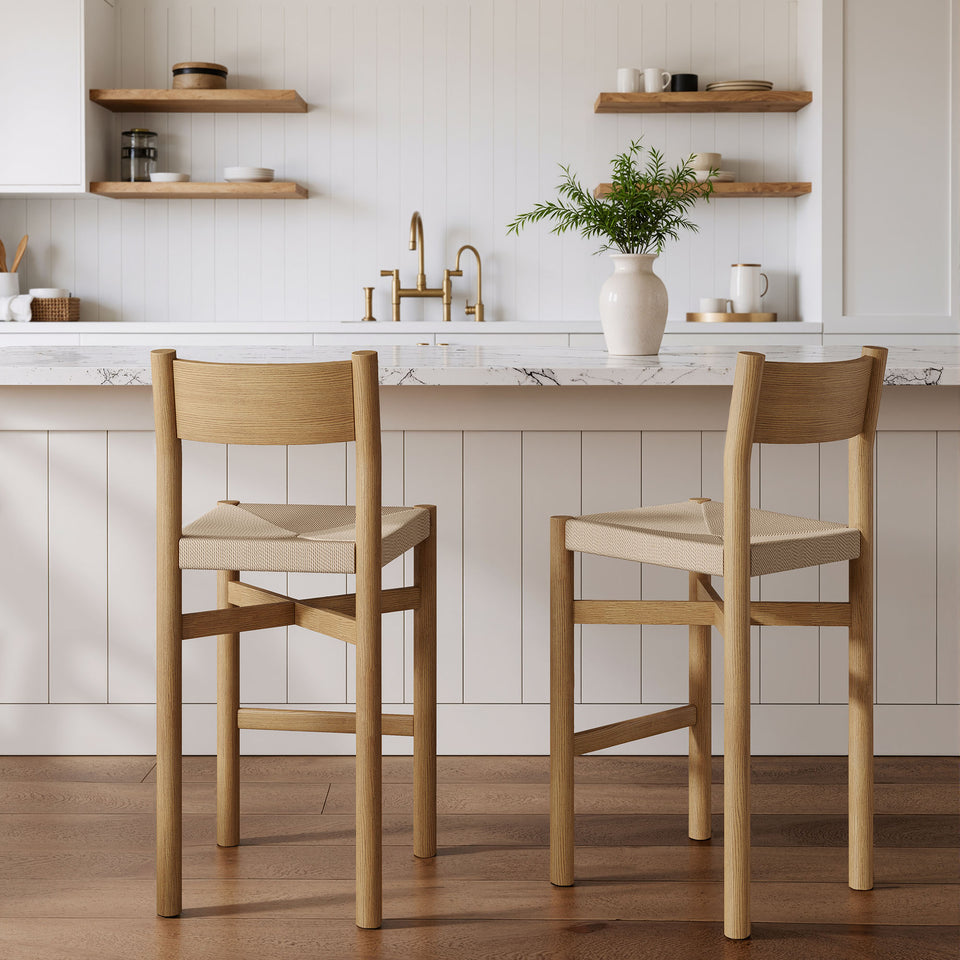 Alvia Oak Wood Bar Stools With Woven Seats Set of 2 by Modway