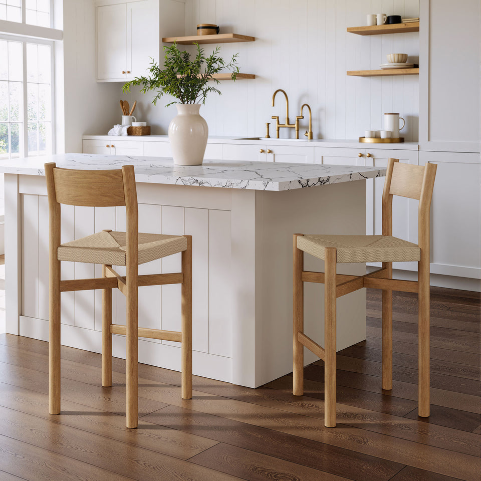Alvia Oak Wood Bar Stools With Woven Seats Set of 2 by Modway