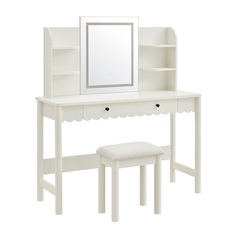 Emmeline Scalloped Makeup Vanity Desk With LED Mirror and Stool by Modway