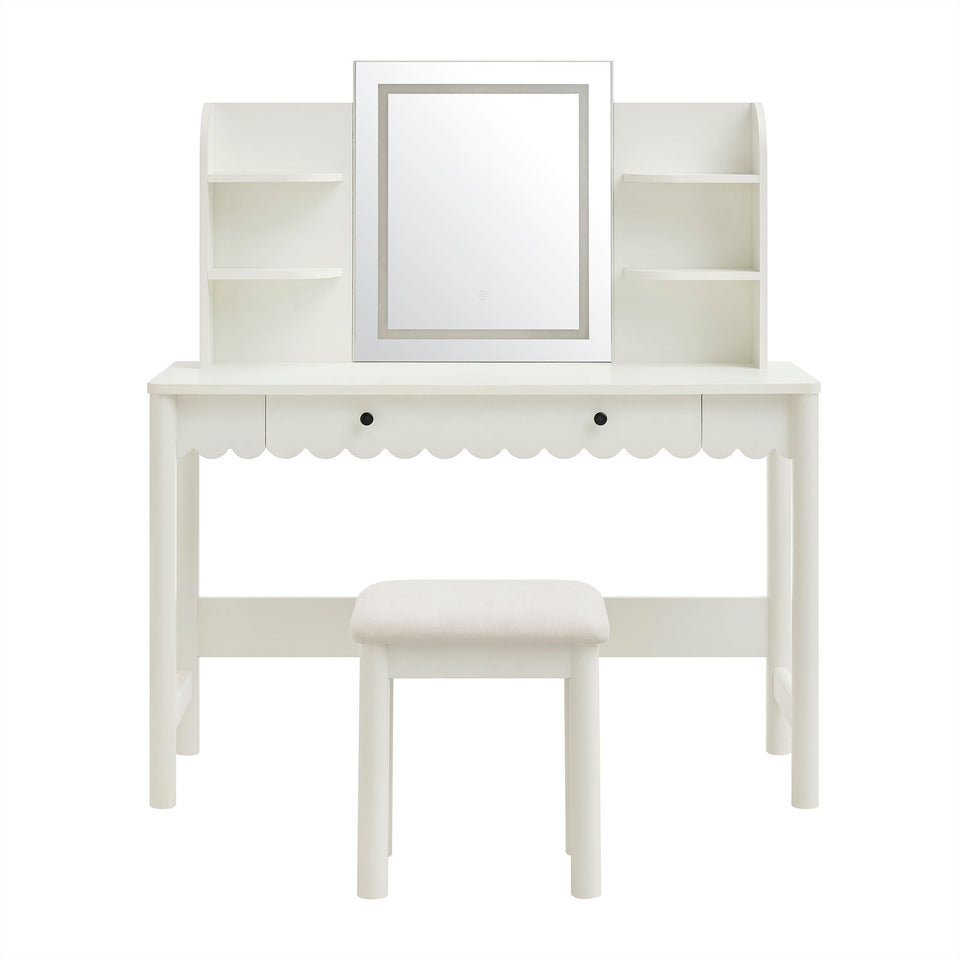 Emmeline Scalloped Makeup Vanity Desk With LED Mirror and Stool by Modway