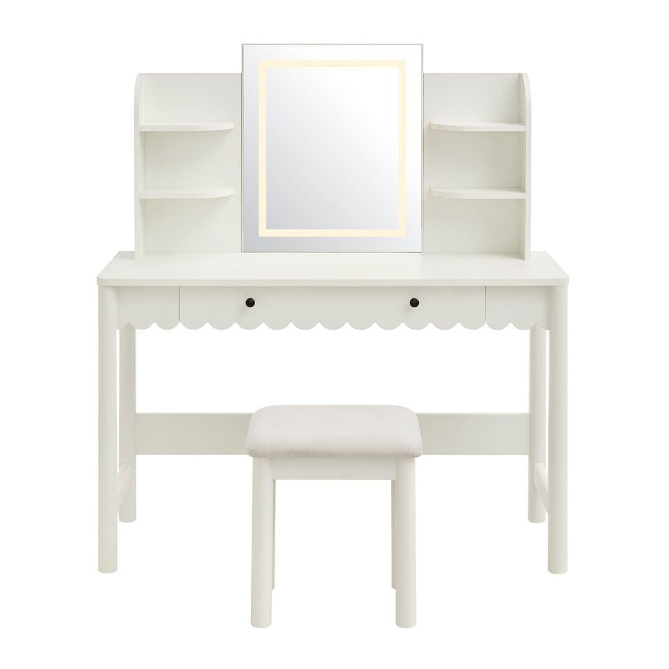 Emmeline Scalloped Makeup Vanity Desk With LED Mirror and Stool by Modway