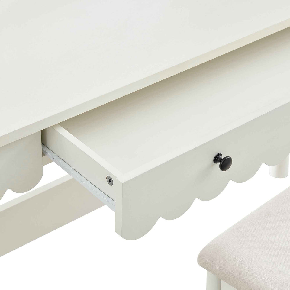 Emmeline Scalloped Makeup Vanity Desk With LED Mirror and Stool