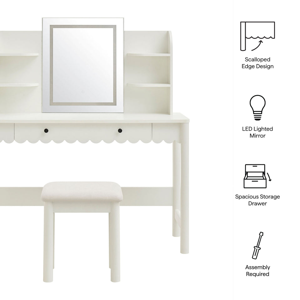 Emmeline Scalloped Makeup Vanity Desk With LED Mirror and Stool by Modway