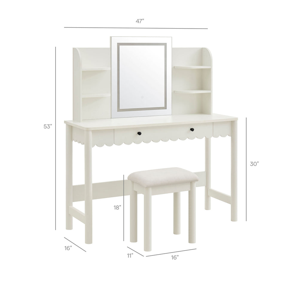 Emmeline Scalloped Makeup Vanity Desk With LED Mirror and Stool by Modway
