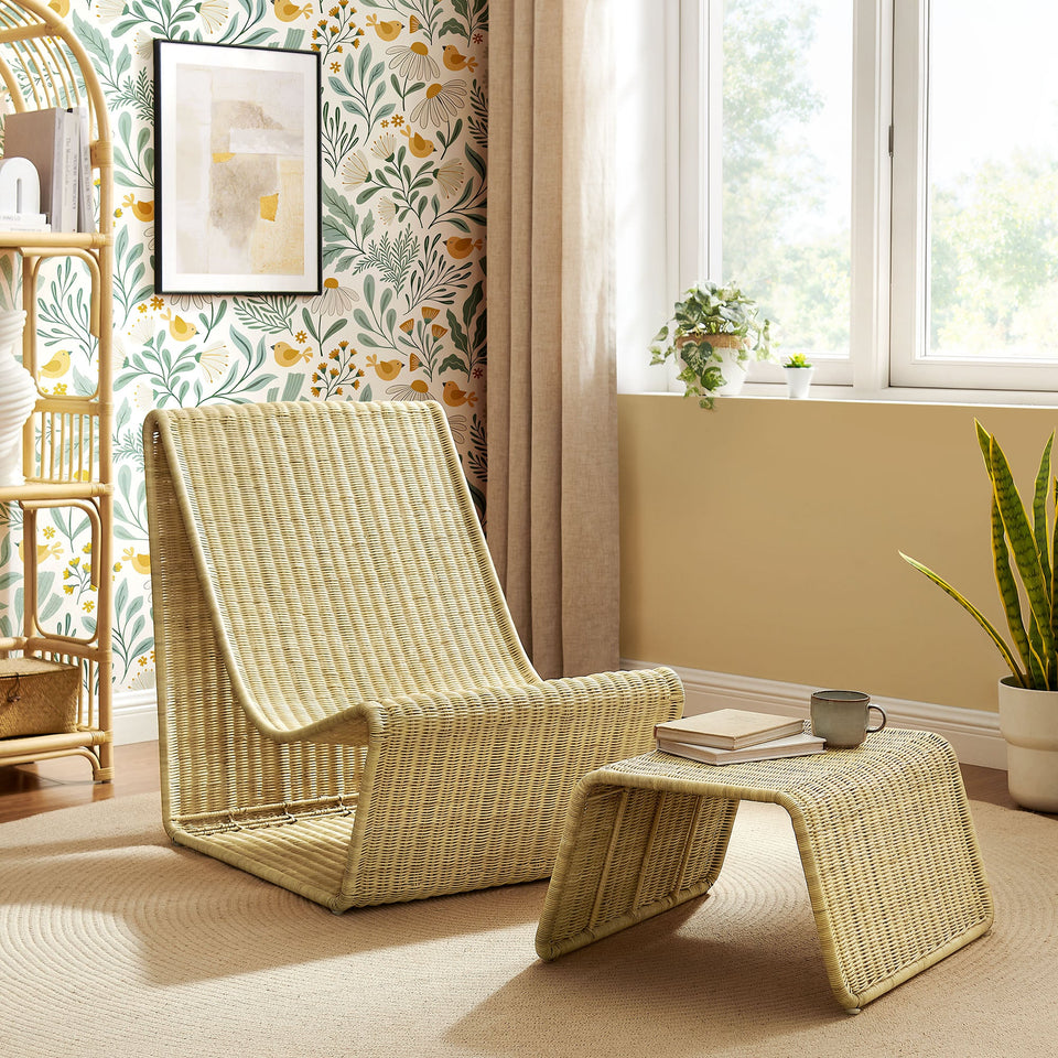 Eira 2 Piece Continuous Curved Natural Rattan Lounge Chair and Ottoman Set by Modway