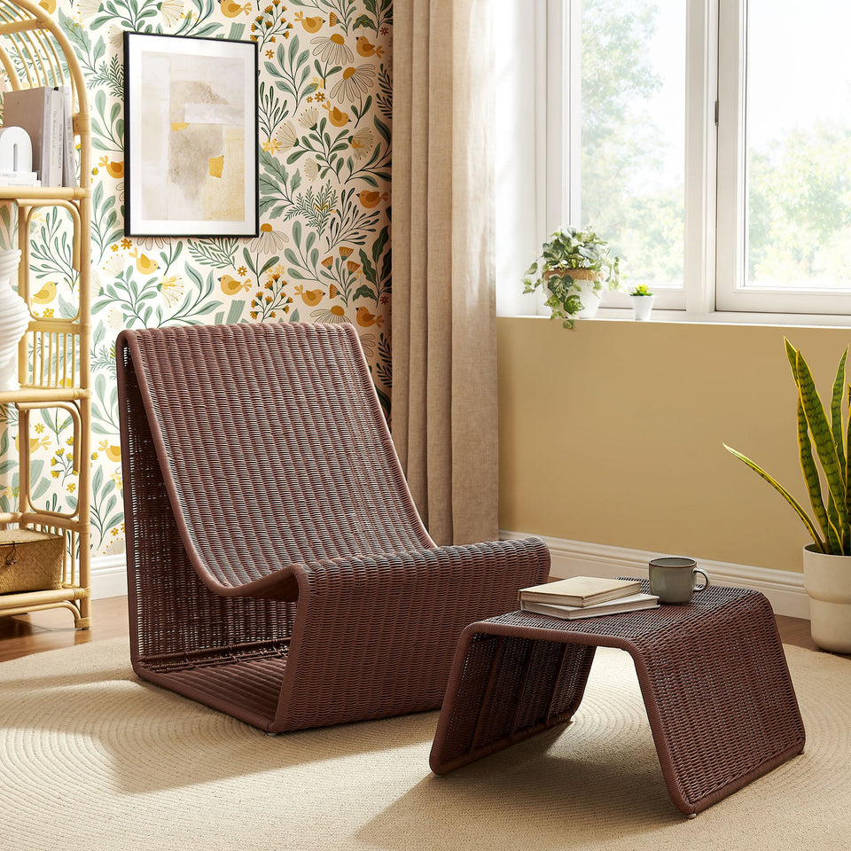 Eira 2 Piece Continuous Curved Natural Rattan Lounge Chair and Ottoman Set by Modway