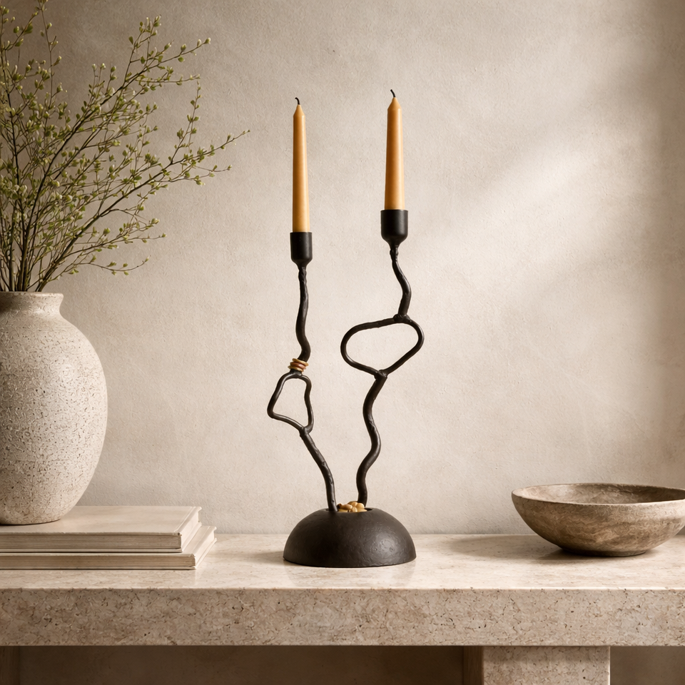 Dreams Candle Holder — Sculptural Handmade Iron & Copper Taper Holder (15”)